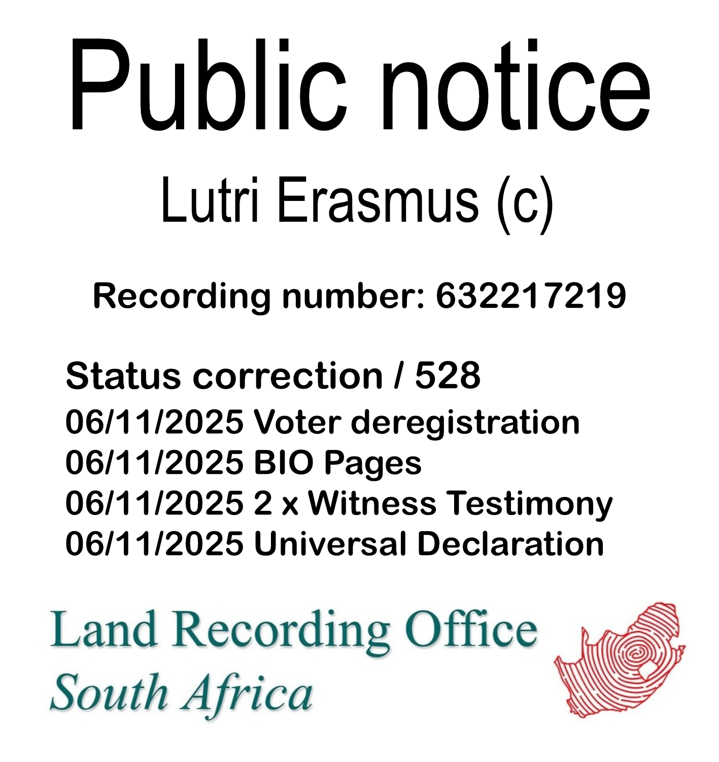 Public notice Lutri Erasmus Recording number 632217219
